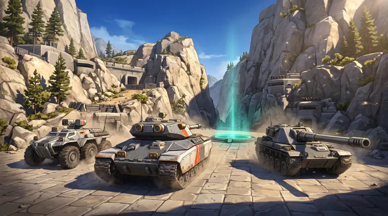 Drei verschiedene Panzermodelle rücken im Verband auf einen leuchtenden Kontrollpunkt in einem befestigten Gebirgspass vor.