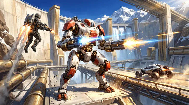 Ein weiss-roter Kampf-Mech, ein Soldat mit Jetpack und ein Schwebe-Fahrzeug in einer futuristischen Arena unter blauem Alpenhimmel.