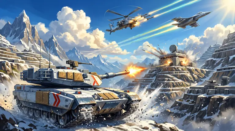 Ein schwerer Kampfpanzer, ein Kampfhubschrauber und ein Düsenjäger im gemeinsamen Gefecht in einem sonnigen Hochgebirgstal.